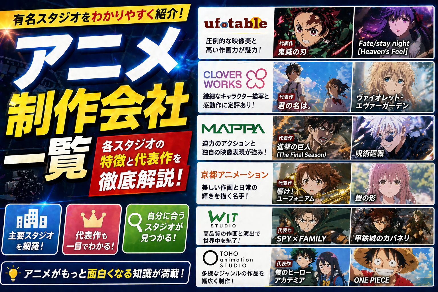 アニメ制作会社一覧2026｜MAPPA・京アニ・ufotable等15スタジオの特徴と代表作