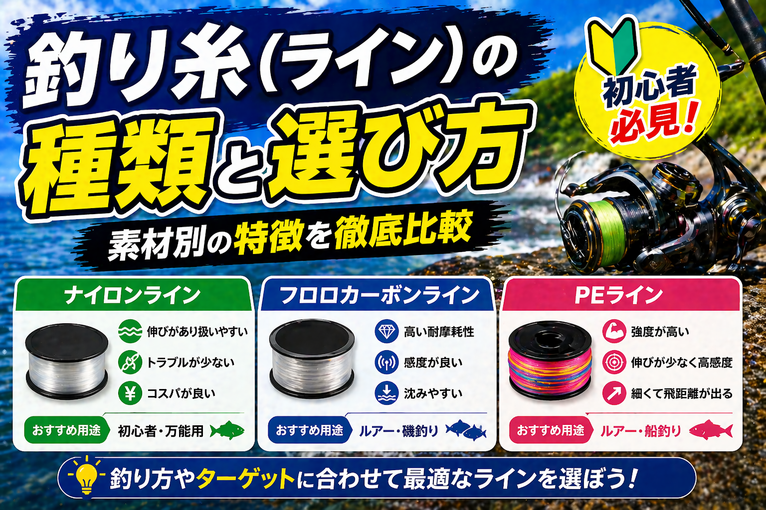 釣り糸（ライン）の種類と選び方完全ガイド2026｜ナイロン・フロロ・PE・エステル素材別徹底比較