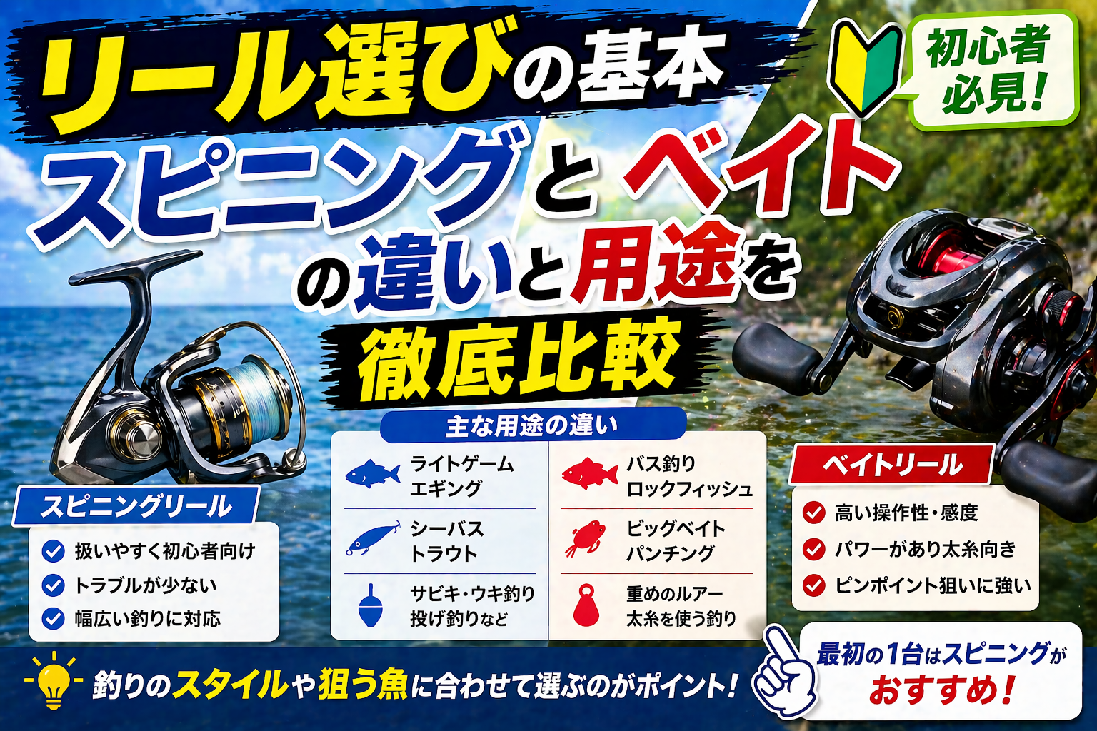リール選びの基本完全ガイド2026｜スピニング・ベイトキャスティング・両軸の違いと用途別徹底比較